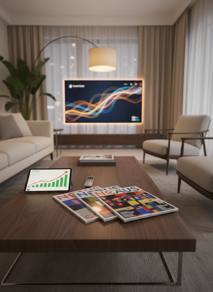 A low, modern coffee table in a living room, its dark walnut surface neatly arranged with printed magazines featuring bold, abstract covers, a thin tablet opened to a graph of rising search trends, and a minimalist remote beside a softly glowing smart TV screen in the background. The TV image is abstract and text-free, suggesting streaming news and entertainment. The room features clean-lined furniture, a neutral gray rug, and a large potted plant with lush green leaves in one corner. Soft, warm evening light from a floor lamp mixes with faint city lights filtering through sheer curtains. Photographic realism, shot from a low, cinematic angle with shallow depth of field, creating an inviting yet professional mood of staying informed while relaxing at home.