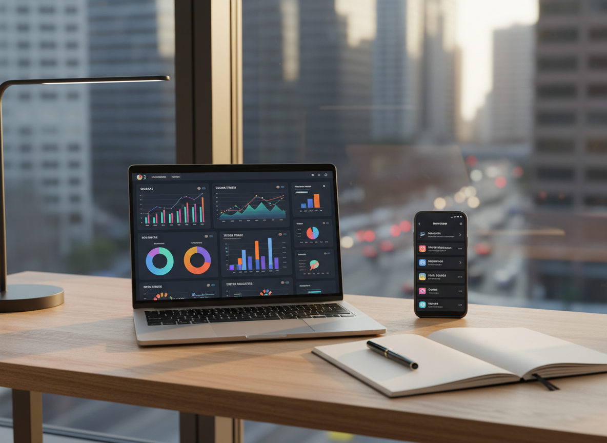 A sleek, modern home office desk made of light oak wood, covered with a thin, high-resolution laptop displaying a colorful dashboard of trending news charts and social media graphs. Beside it, a slim smartphone shows real-time notifications, and a minimalist notepad lies open with an elegant black pen. The desk sits near a large window overlooking a soft-focus urban skyline, suggesting a fast-moving city. Gentle afternoon natural light streams in, combined with a subtle, cool-toned desk lamp, creating crisp highlights and soft shadows. Photographic realism, shot at eye level with a shallow depth of field so the screens are in razor-sharp focus while the city and background blur into a calm, professional bokeh, evoking an efficient, up-to-date information hub.
