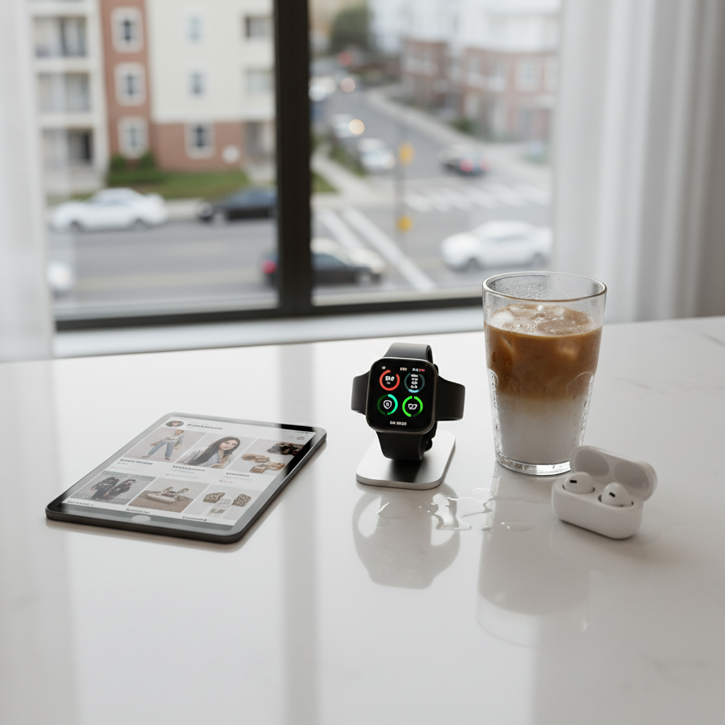 A polished white kitchen counter with a glossy finish, scattered with everyday tech devices tracking the latest lifestyle trends: a tablet showing a fashion feed, a smartwatch glowing with health stats, and wireless earbuds resting neatly in an open charging case. Nearby, a reusable tumbler with iced coffee beads condensation onto the surface. Through a nearby window, an out-of-focus residential street with subtle hints of passing cars and apartment buildings suggests daily life. Late-morning diffused sunlight fills the room, creating gentle reflections on the devices and countertop. Photographic realism, captured from a slightly elevated angle using rule-of-thirds composition, with crisp detail in the devices and soft blur in the background, conveying a calm yet connected atmosphere of staying ahead of everyday trends from home.