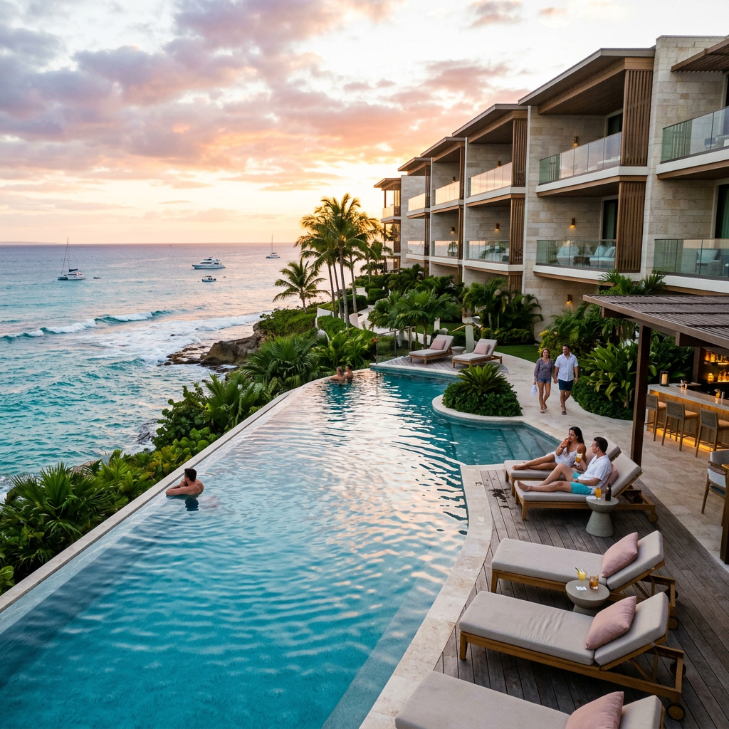 Infinity pool at a beachfront luxury resort with guests relaxing and walking