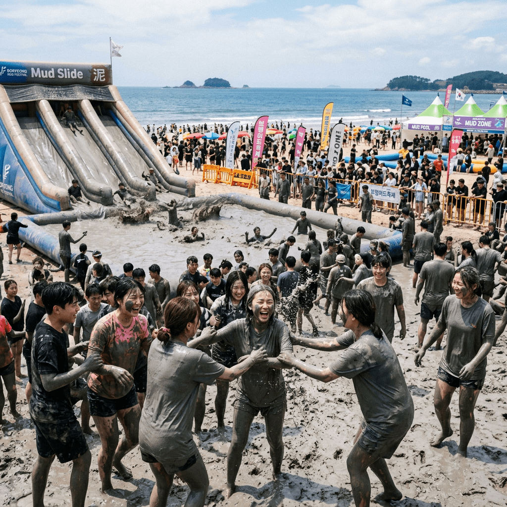 Group of people covered in mud enjoying a mud slide and mud pool at a crowded beach festival