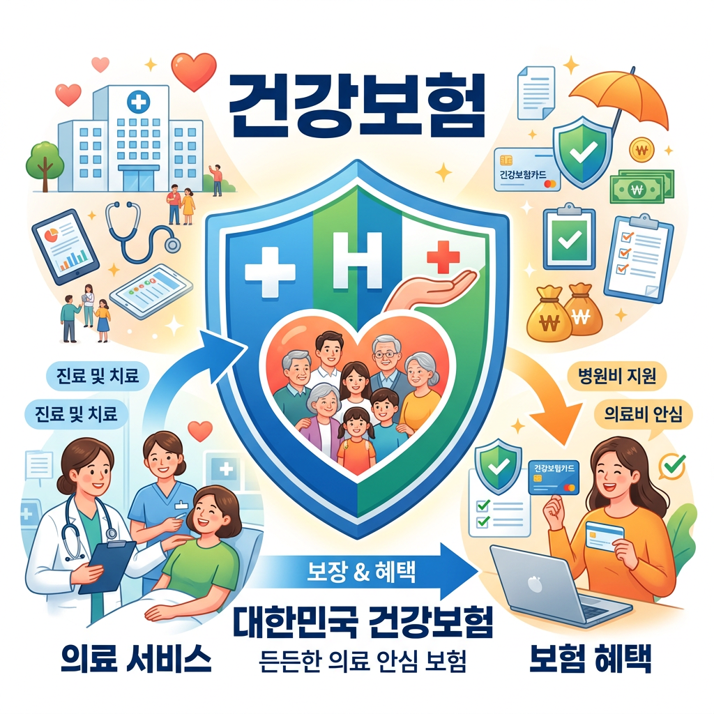 Korean National Health Insurance illustrating medical services and insurance benefits with doctors, patients, and insurance cards