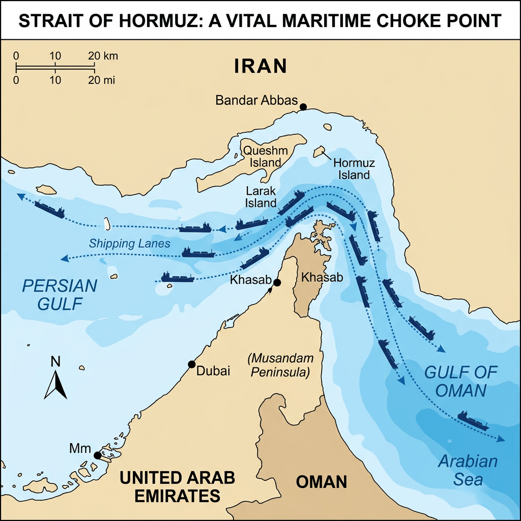 Map of Strait of Hormuz with shipping lanes connecting Persian Gulf and Gulf of Oman, highlighting Iran, UAE, Oman, and key islands.