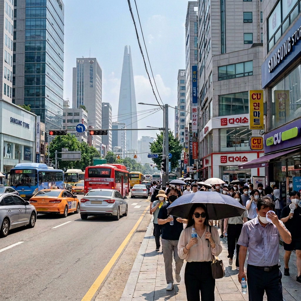 Crowded Seoul street with pedestrians using umbrellas and holding water bottles under an extreme heat alert sign showing 39.8°C